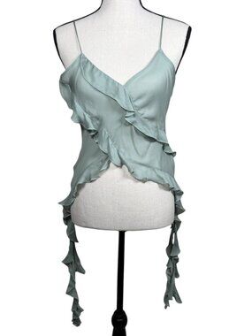 Zara NWT Semi Sheer Ruffle Asymmetrical Size M Coquette Fairy Top Sage Green